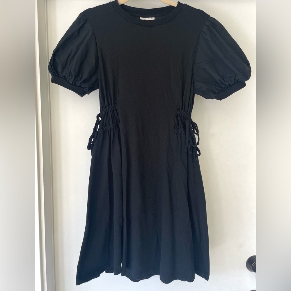 Topshop cotton jersey and poplin puff sleeve midi dress, gathered tie waist, 8